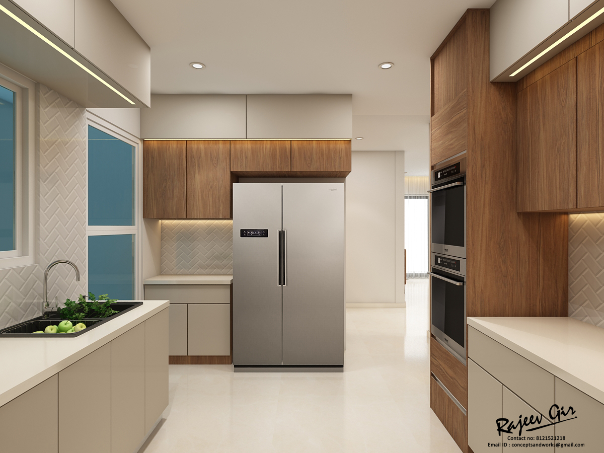 Kitchen — Warm Wood & Chevron Backsplash