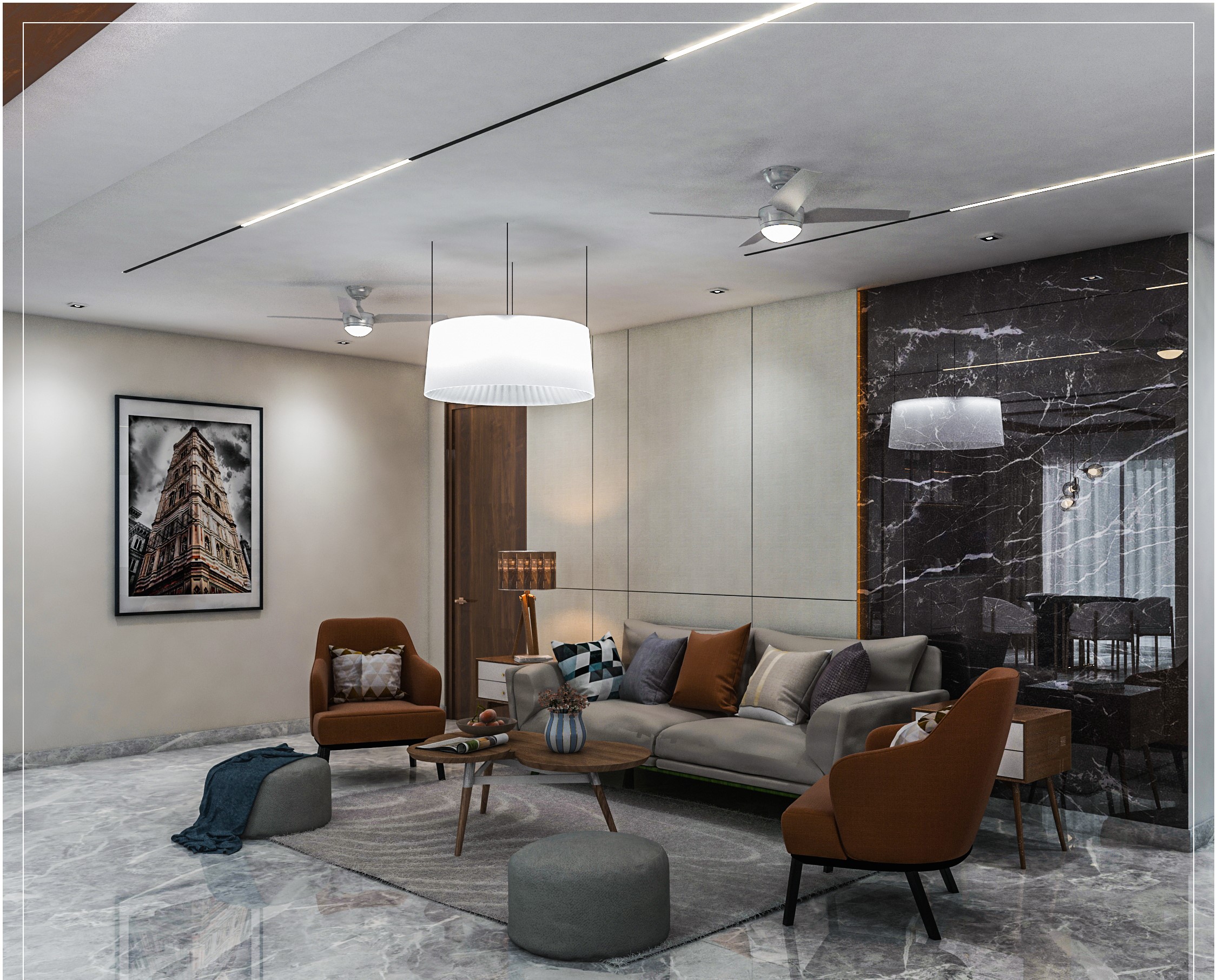 Lounge — Marble Feature & Layered Lighting