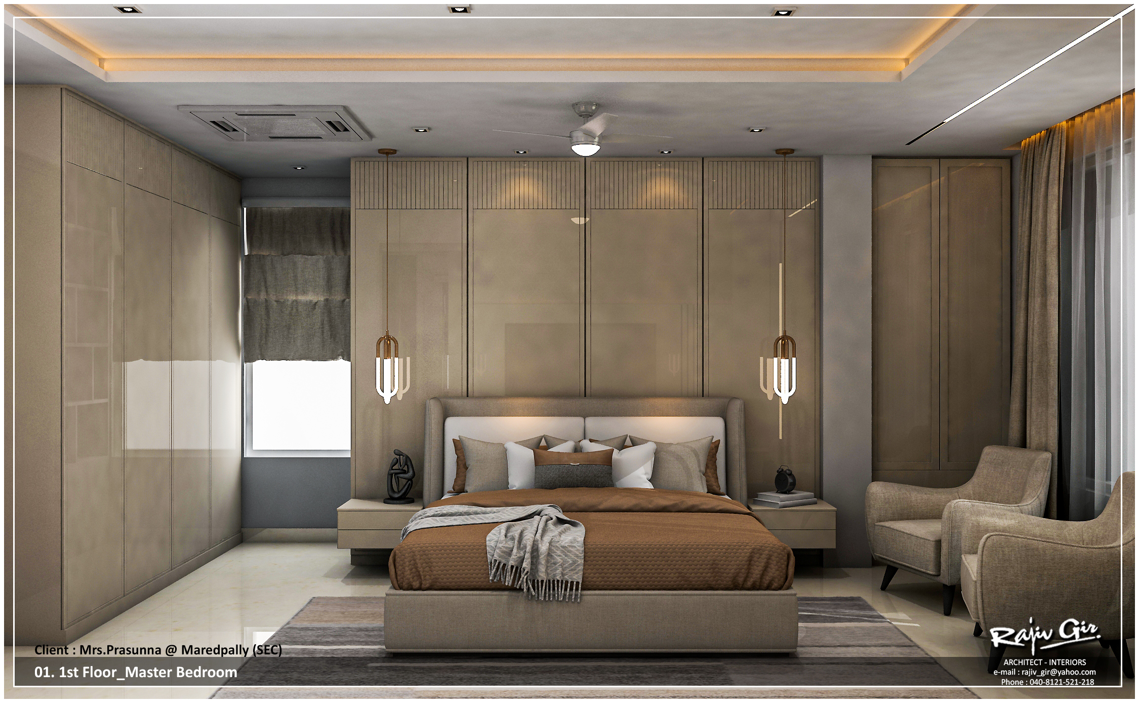 Master Bedroom — Gloss Wardrobes & Pendants