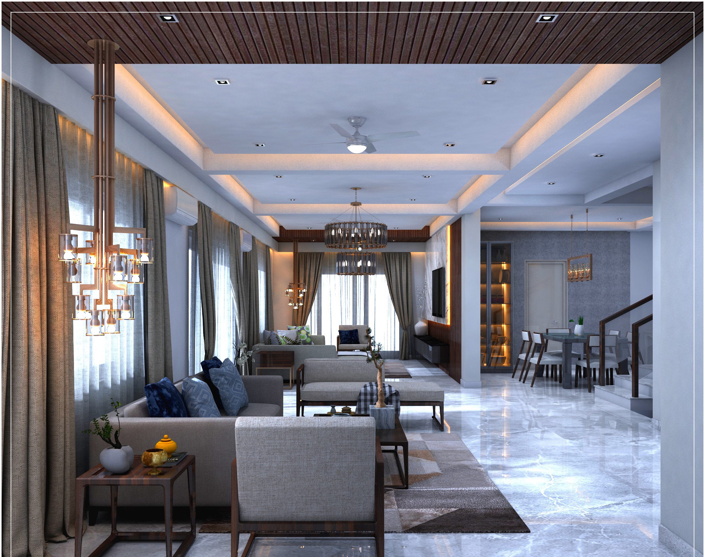 Living — Wood Ceiling & Chandeliers